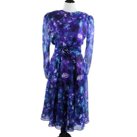 Vintage 1980s Purple Floral Print Chiffon Semi Sheer Dress Medium - Picture 1 of 10